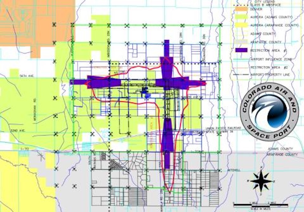 Map of Colorado Air and Space Port layout and surrounding area with labeled zones, featuring a directional compass rose