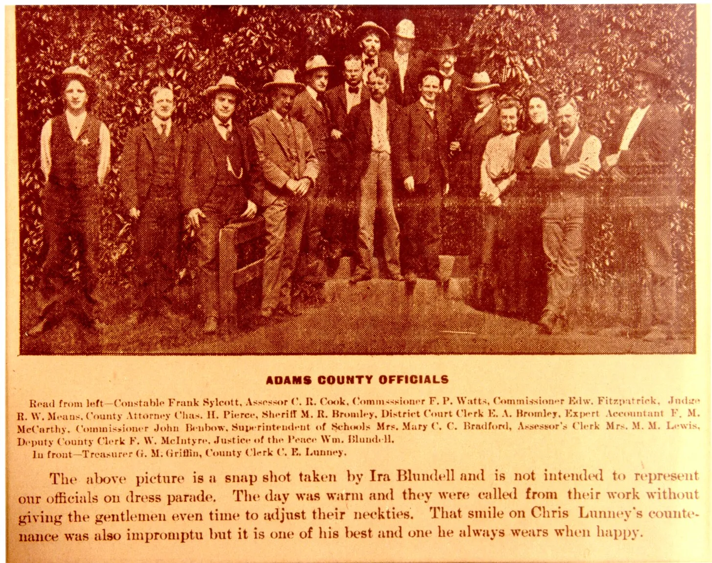 News clipping of the first Adams County Officials with image and news content