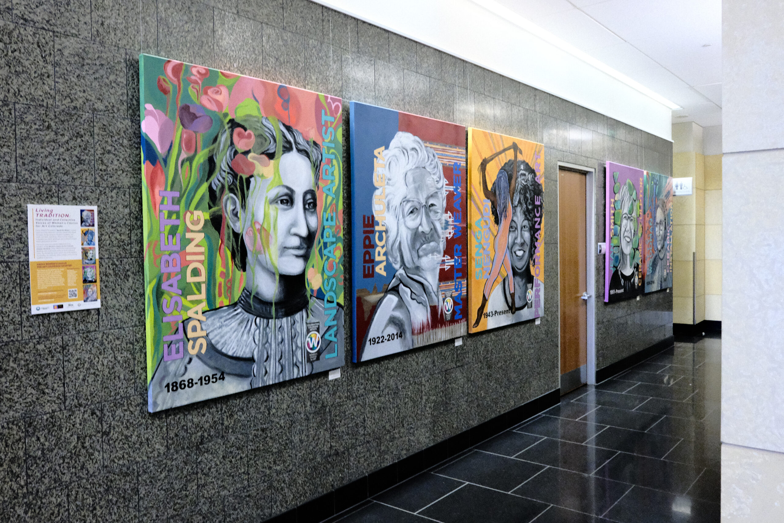 Colorful hallway mural featuring Elisabeth Spalding, Eppie Archuleta, Sandra Neily, and others. Text includes their names and lifespans.