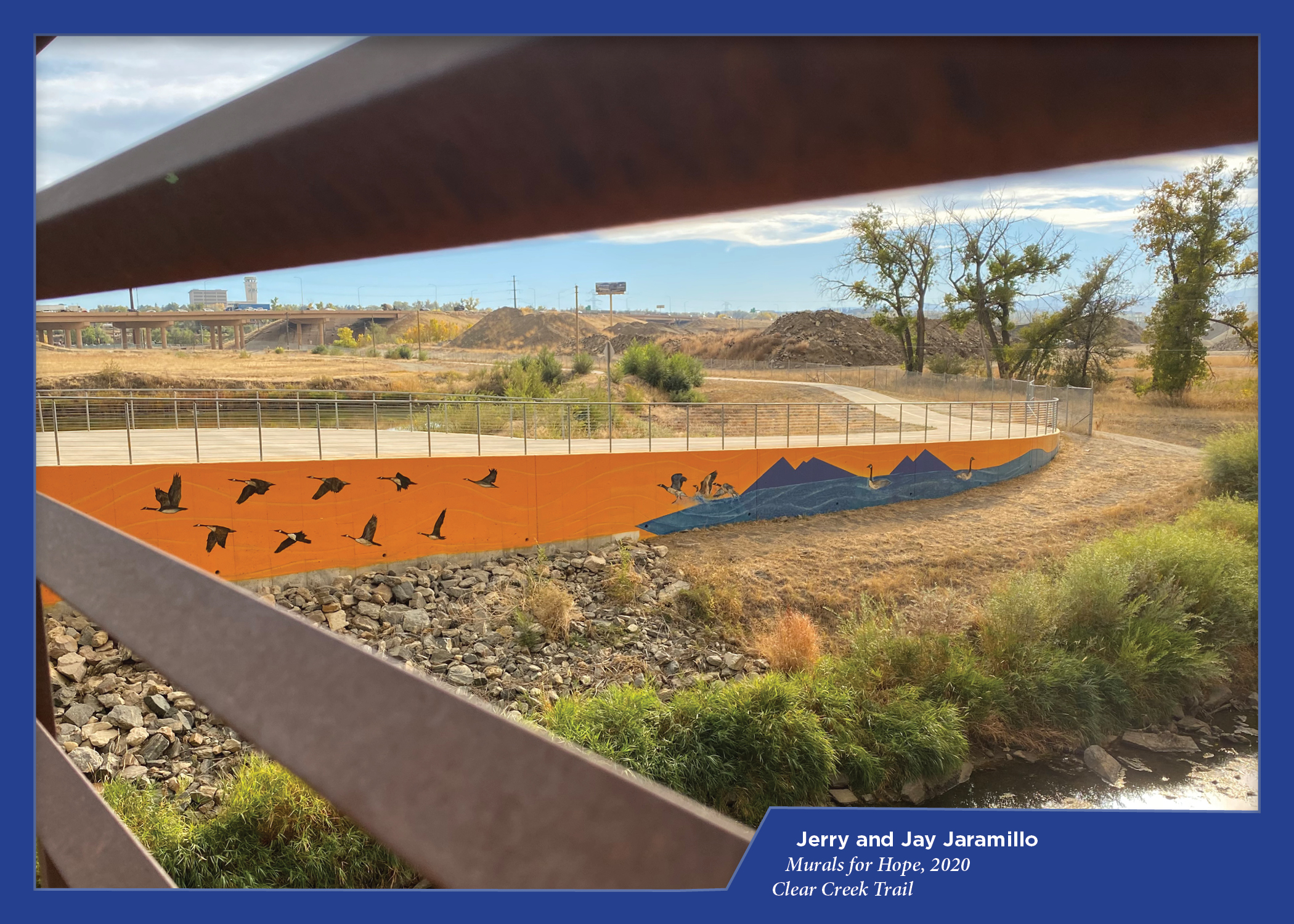 Jerry and Jay Jaramillo mural of birds and mountains along Clear Creek Trail with text: "Murals for Hope, 2020"