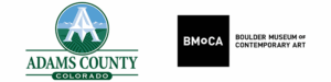 Adams County Colorado logo with stylized "A" and fields, BMoCA logo with "Boulder Museum of Contemporary Art" text