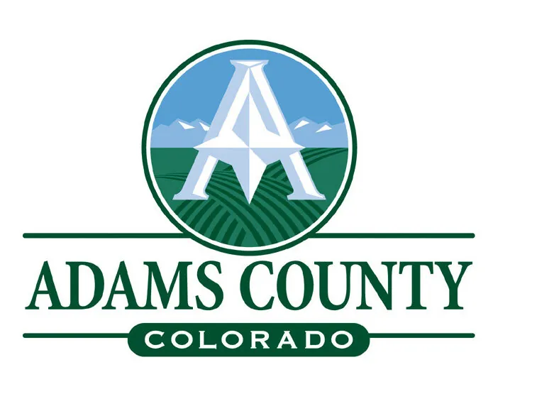 Adams County logo, stylized "A" over fields and mountains, with text "Adams County Colorado"