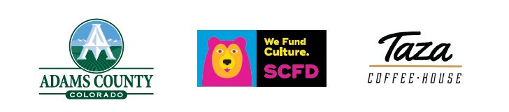 Adams County Colorado logo, SCFD colorful bear logo with "We Fund Culture," Taza Coffee House logo.