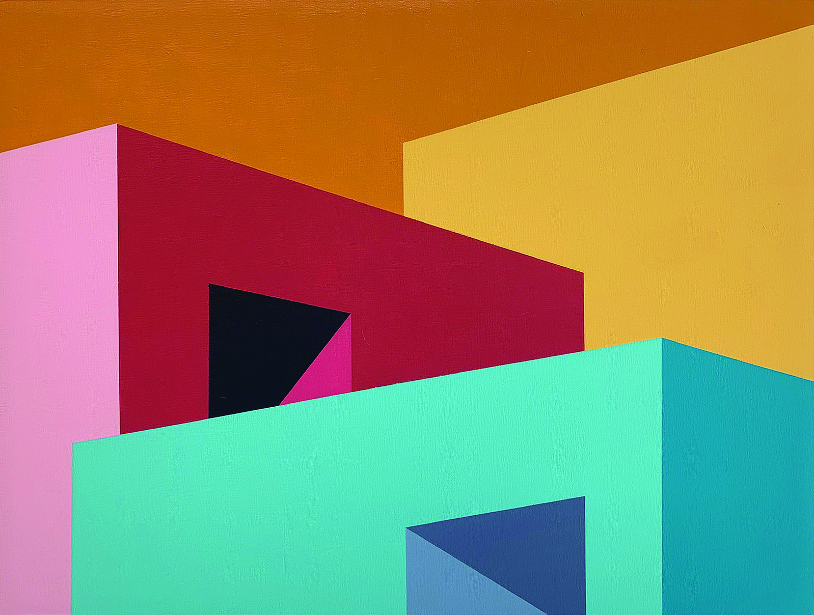 Abstract geometric artwork with colorful overlapping shapes in pink, red, yellow, teal, and blue against an orange background.