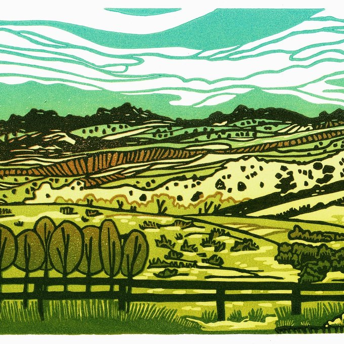 Stylized landscape with rolling hills, trees, and a fence under a turquoise sky.