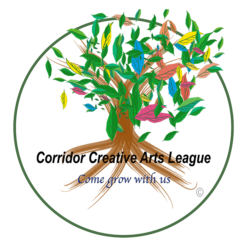 Corridor Creative Arts League logo features a colorful leafy tree with the text "Corridor Creative Arts League" and "Come grow with us" below.