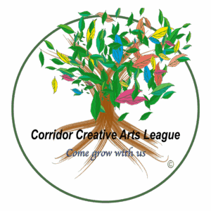 Corridor Creative Arts League logo with colorful leaves, "Come grow with us" slogan