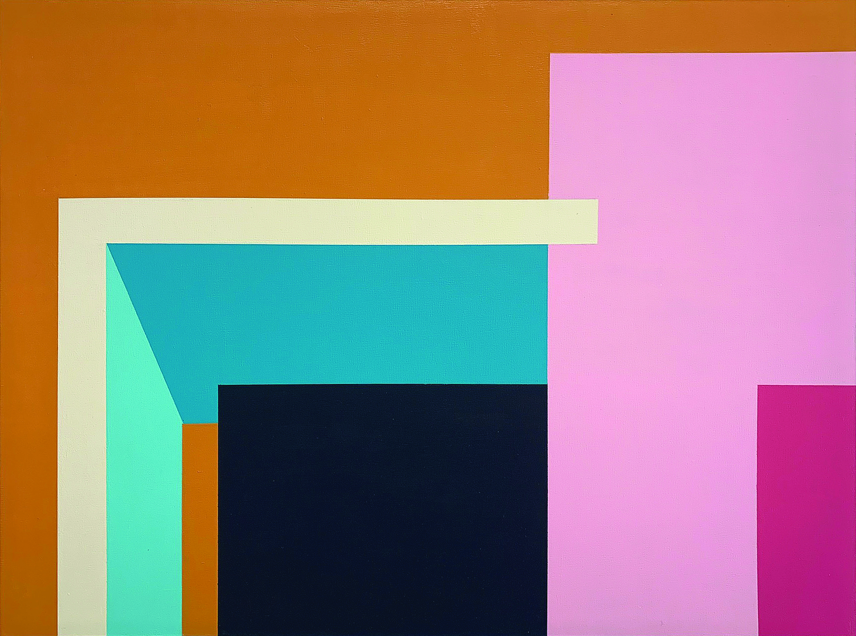 Abstract geometric artwork with overlapping rectangles in orange, pink, teal, and black.