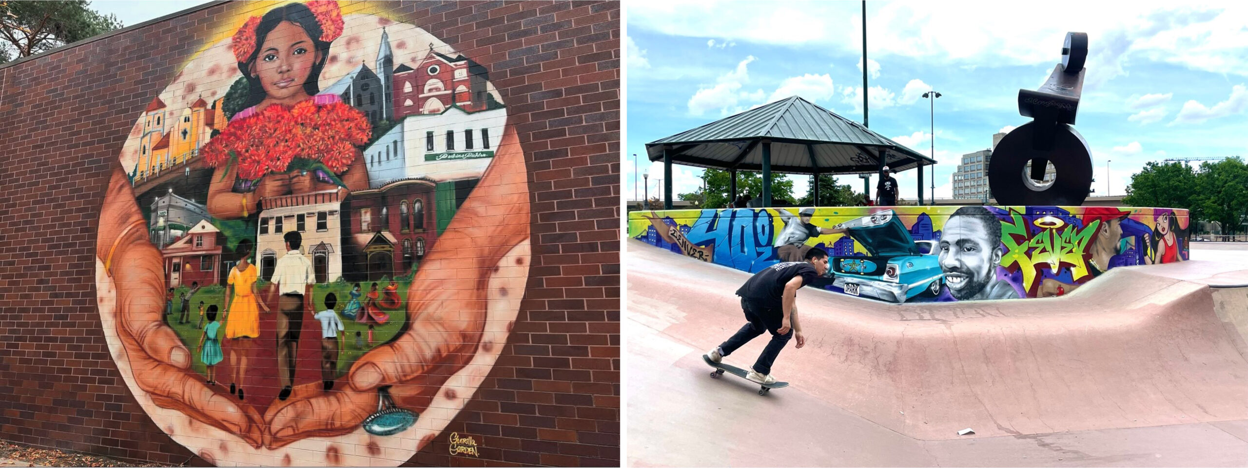 Mural of diverse community held in giant hands and a vibrant skatepark scene with graffiti, including a skateboarder and classic car.