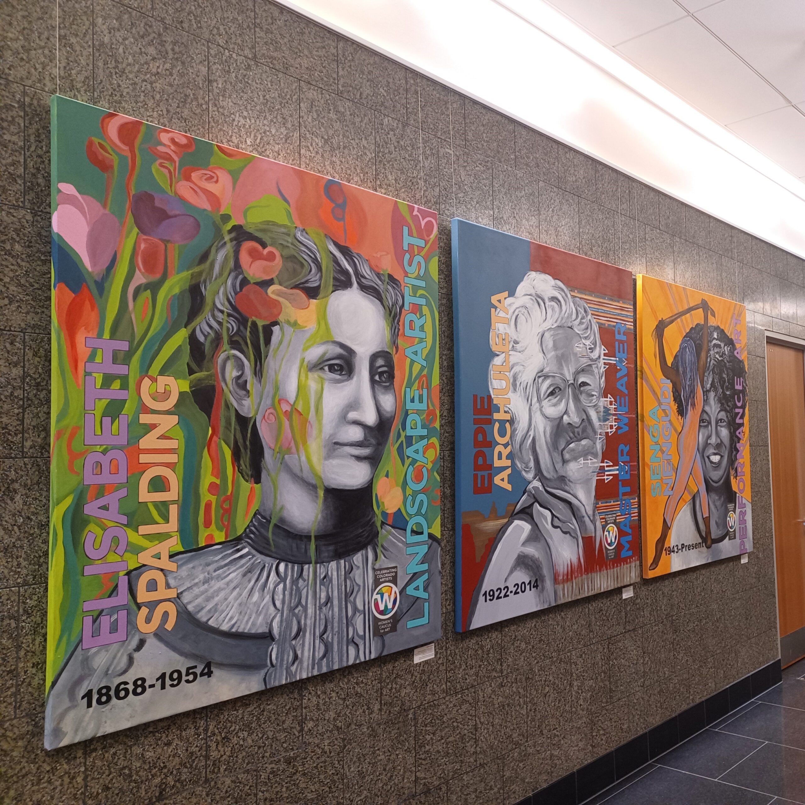 Three vibrant wall art pieces honoring historical figures: Elisabeth Spalding, Eppie Archuleta, and Sengadi Nenemwa, with their life spans.