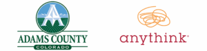 Adams County Colorado logo with fields and mountains, anythink logo with orange swirl