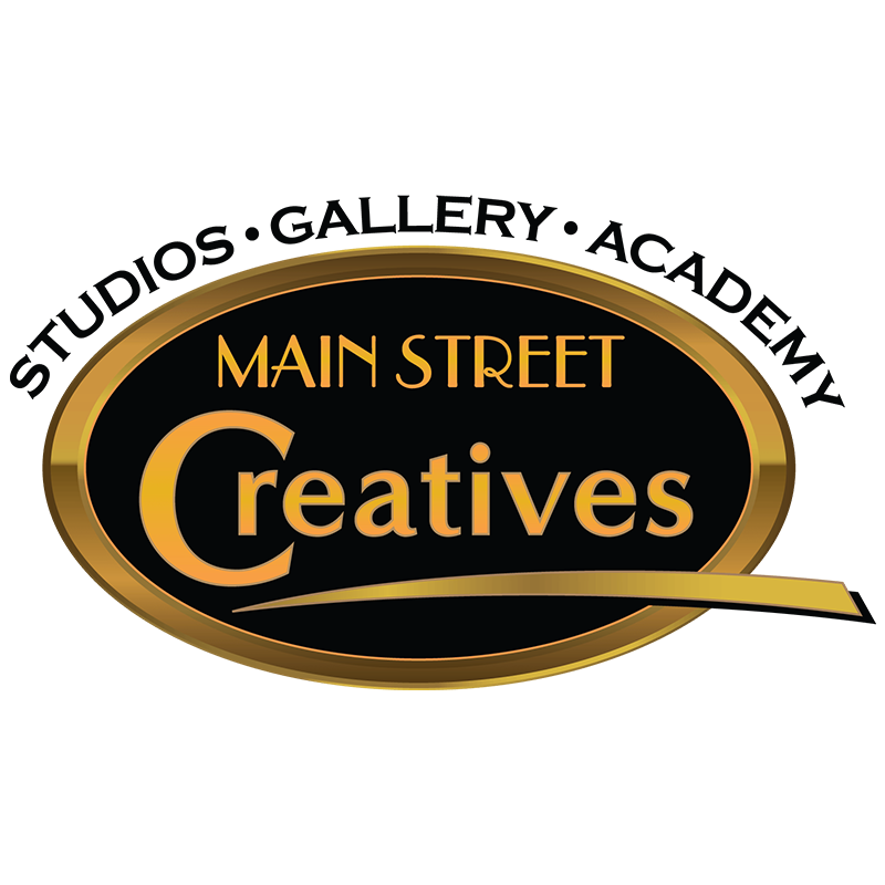 Main Street Creatives logo, black oval with gold border and swoosh.