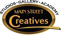 Main Street Creatives logo, black and gold oval design