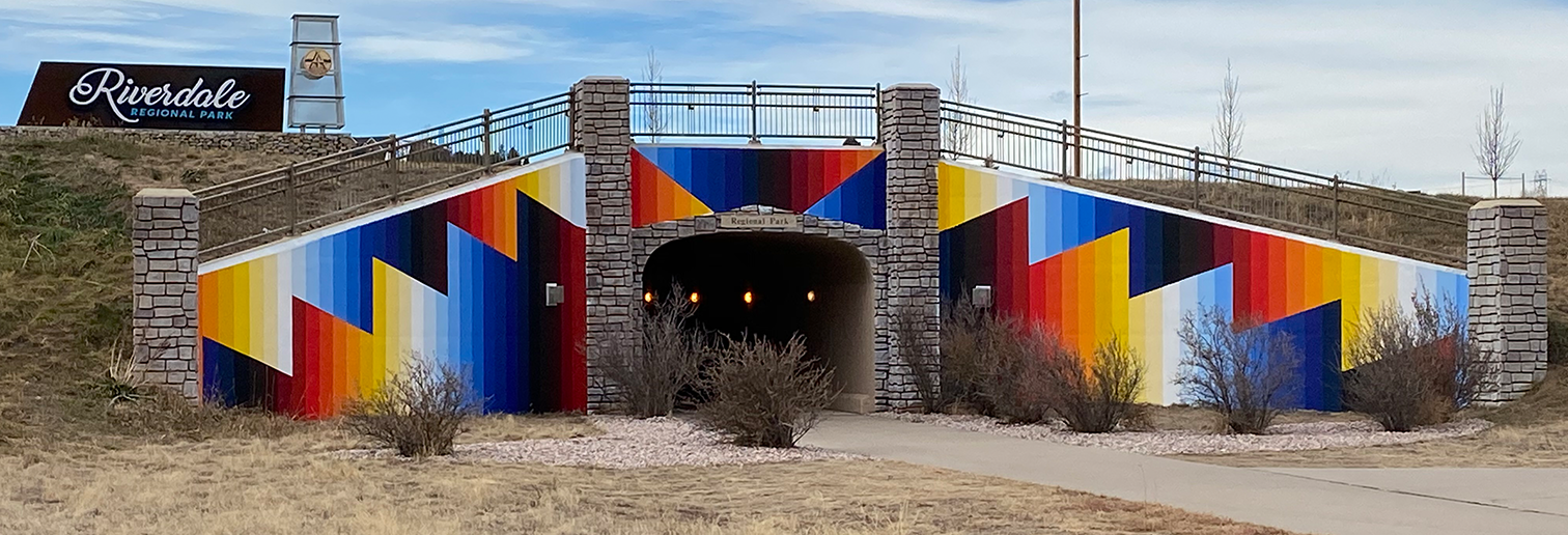 Colorful mural on pedestrian underpass at Riverdale Regional Park entrance