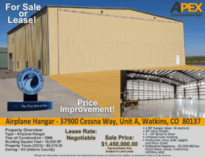 For Sale or Lease: Large airplane hangar with interior view; Price Improvement; Colorado Air and Space Port sign; Apex Commercial logo; Address: 37900 Cessna Way, Unit A, Watkins, CO 80137; Lease rate negotiable; Sale price $1,450,000; Features include 90' hangar door, infrared heating, restroom facilities, and estimated expenses of $2,000/month.
