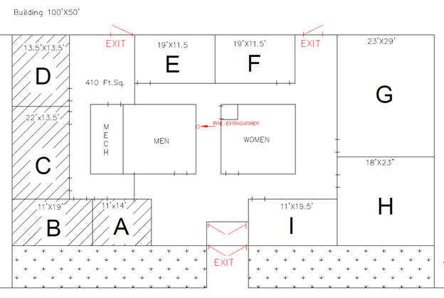 Floor plan with labeled rooms A-I, exits, and fire extinguisher. Men’s and Women’s restrooms centrally located, building size 100' x 50'.