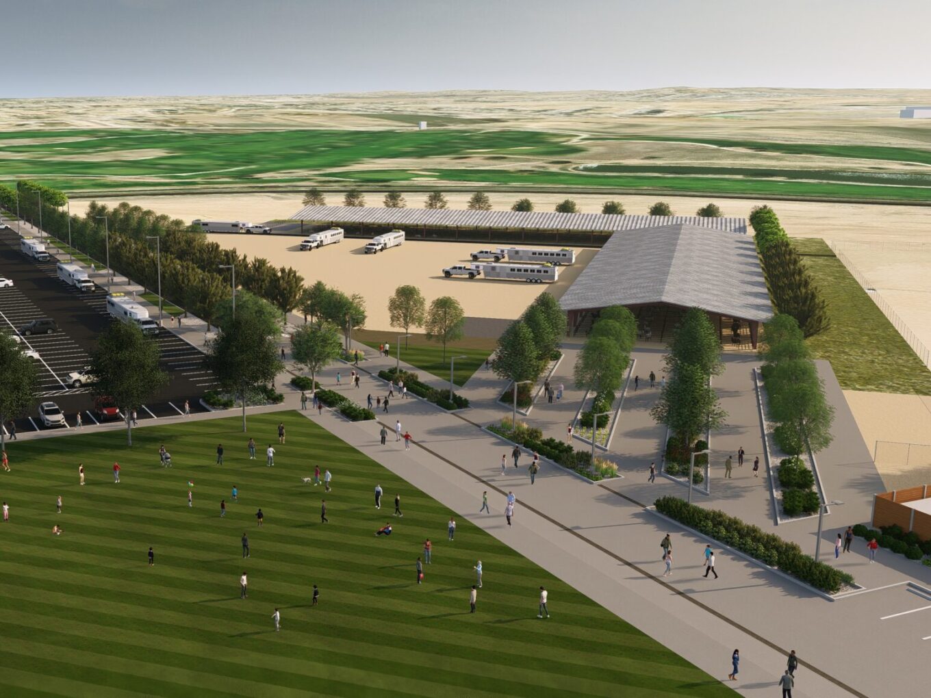 Rendering of a large parking lot, buses, a sheltered building, and people on a grassy field in a park setting.