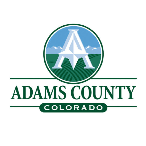 Adams County logo, stylized "A" over fields and mountains, with text "Adams County Colorado"