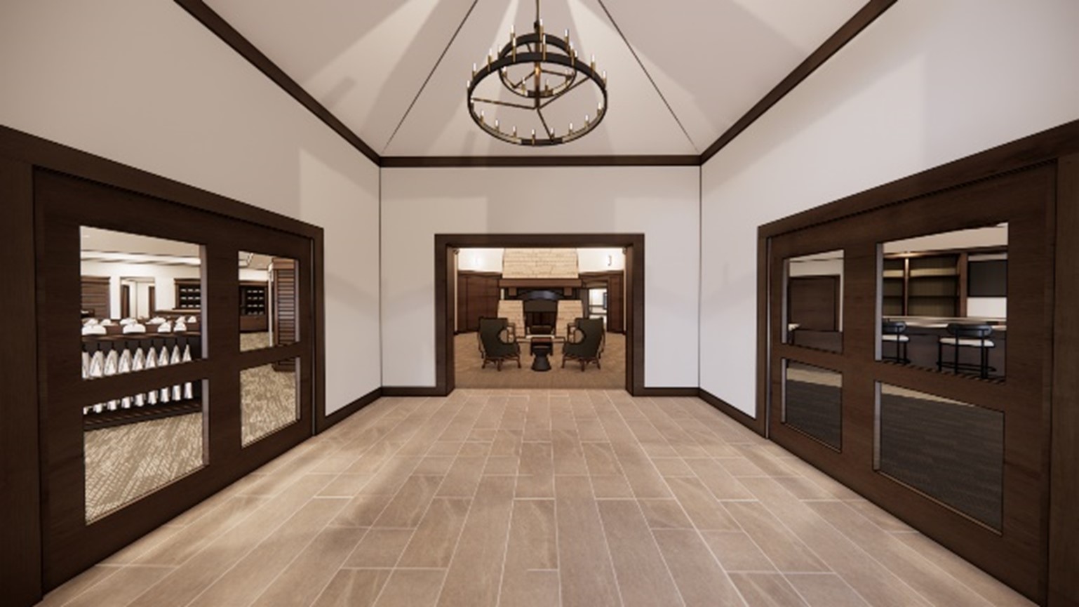 Spacious hallway with wood trim, chandelier, and adjoining rooms visible.