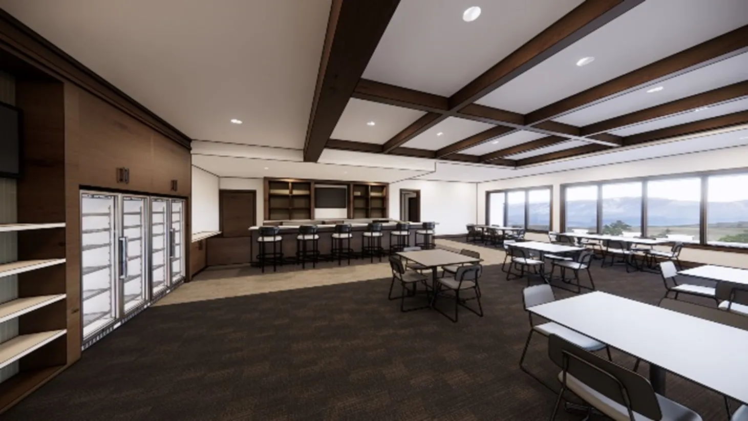 Modern cafeteria with tables, chairs, counter seating, large windows, and landscape view