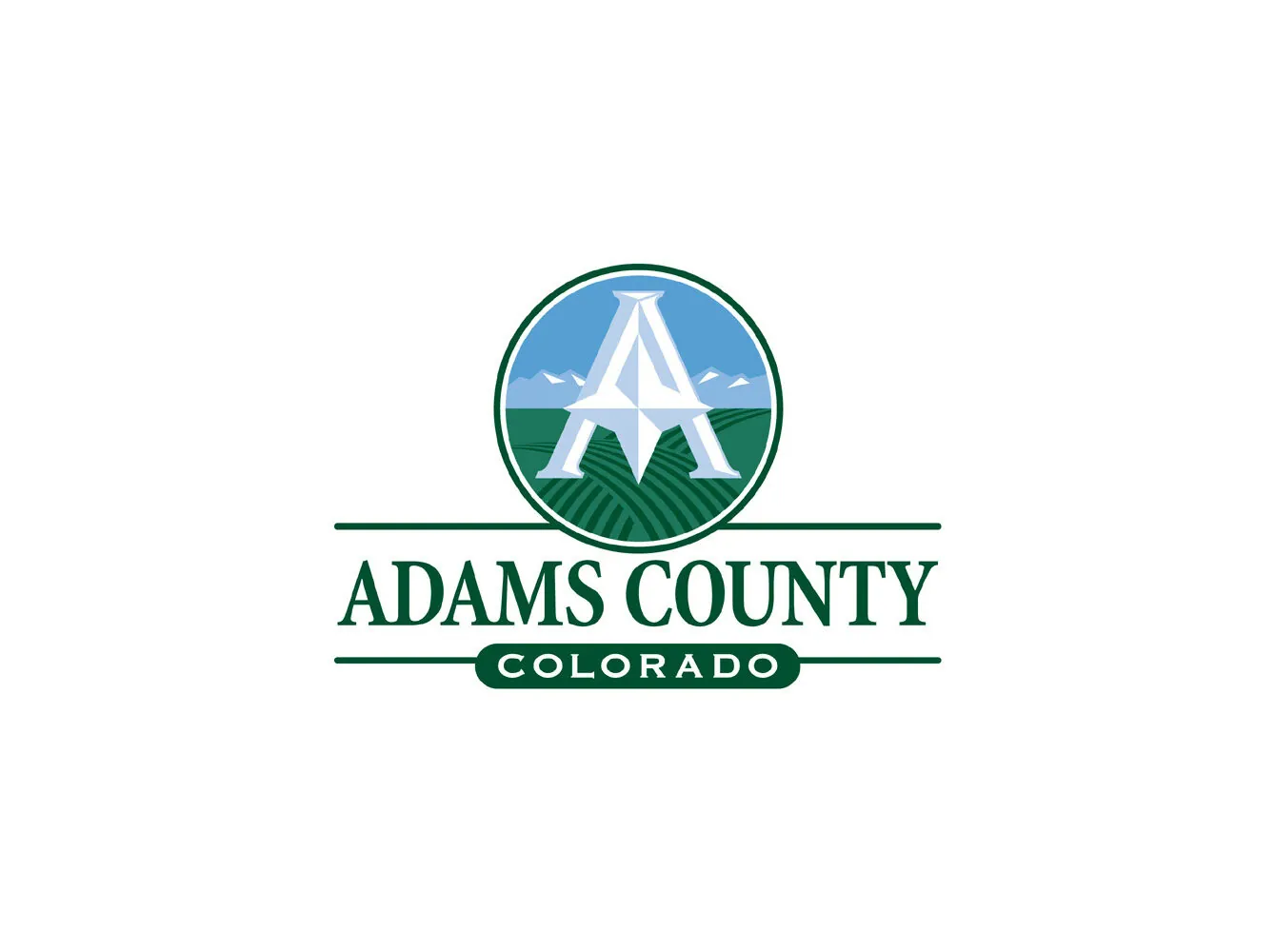 Adams County logo, mountains, fields, large letter A, blue-green color scheme