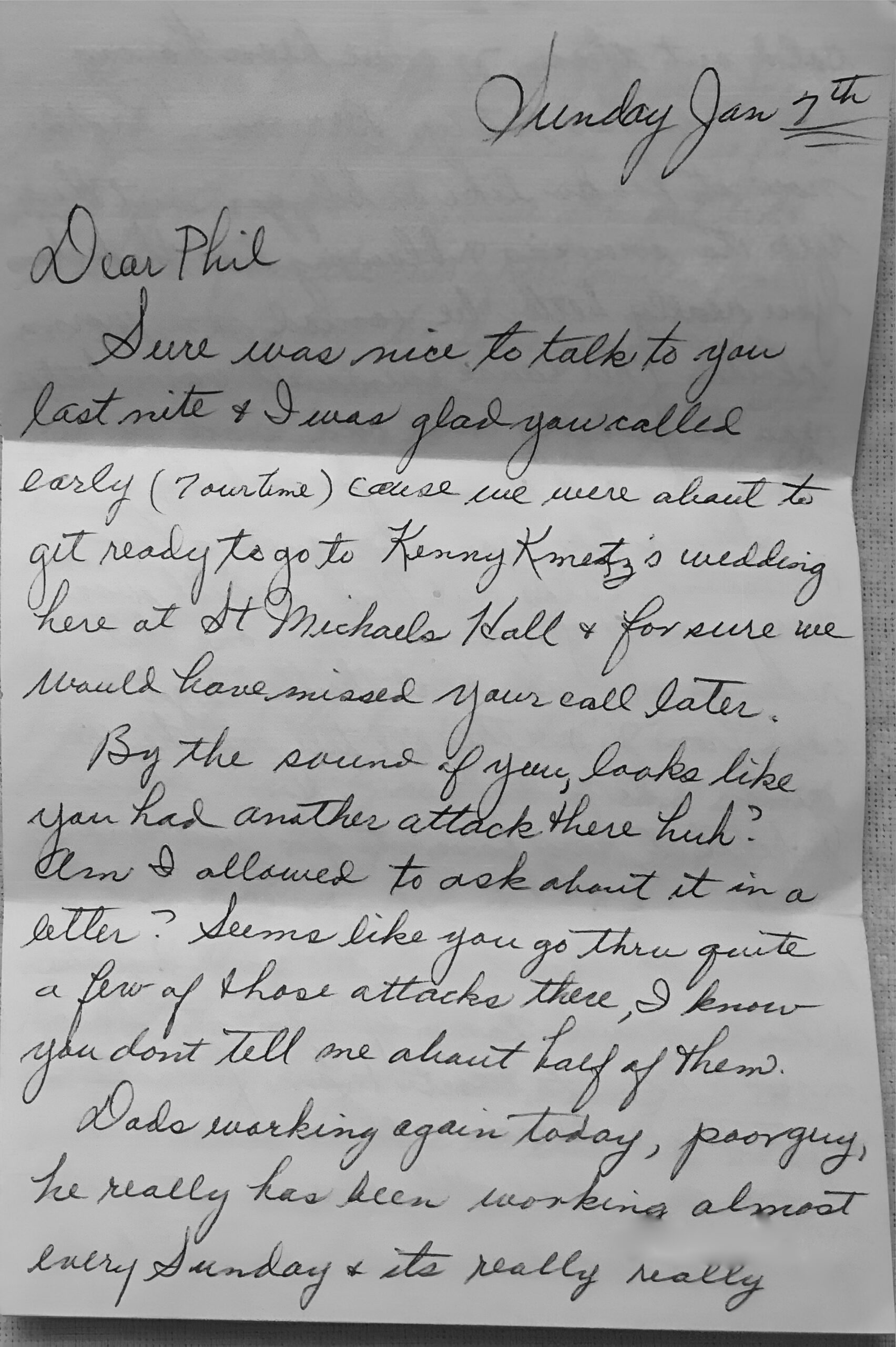 Handwritten letter dated "Sunday Jan 29th." Begins: "Dear Phil, Sure was nice to talk to you last nite..." Mentions a wedding and health concerns.