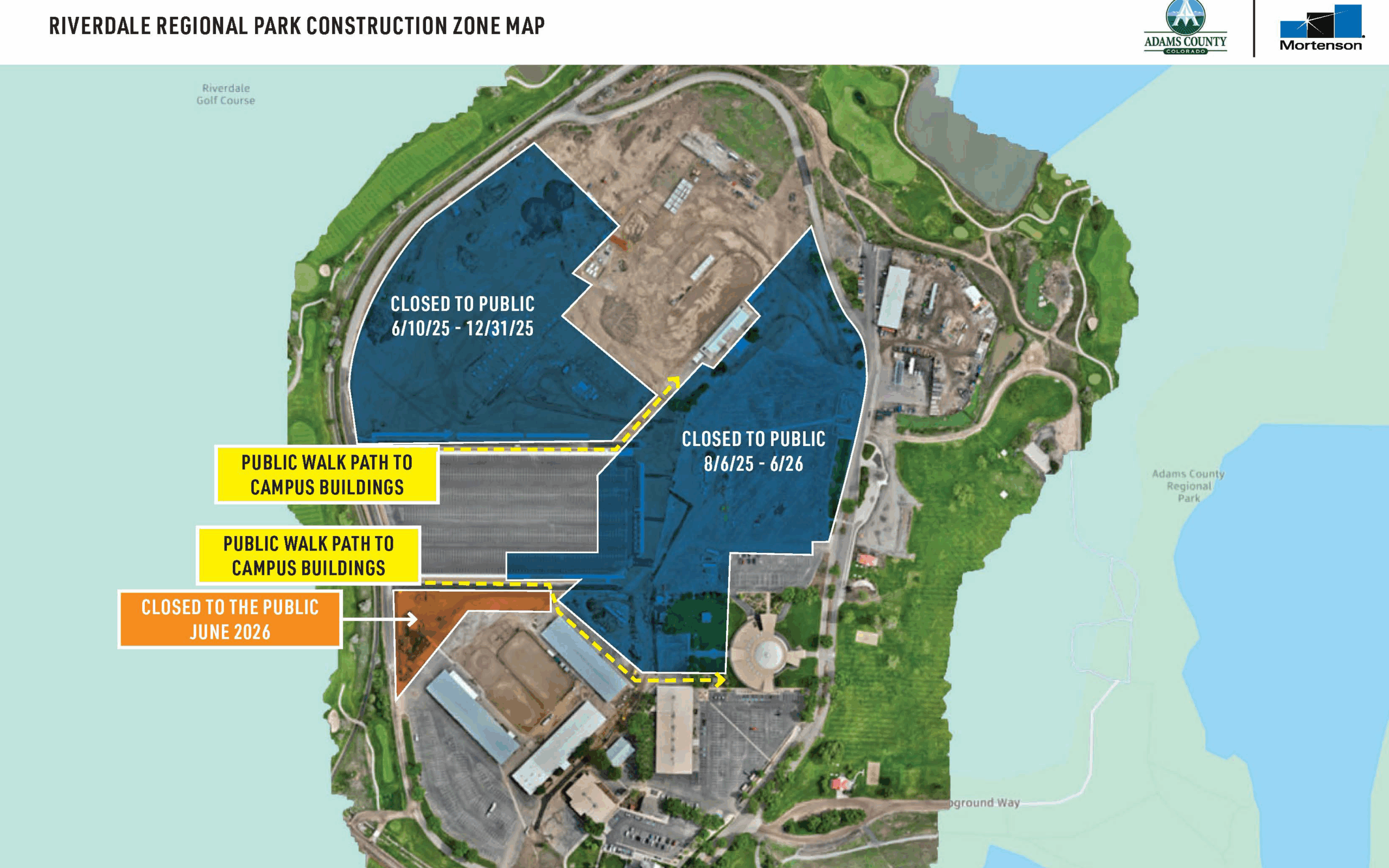Riverdale Regional Park construction zones with public closure dates highlighted in blue and orange. Paths to campus buildings marked.