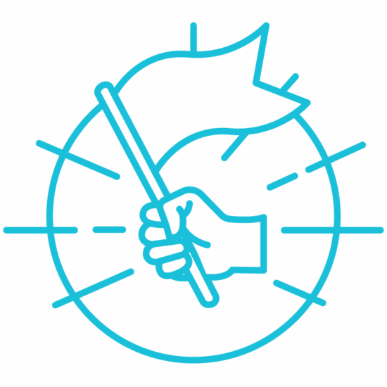 White hand holding flag icon on blue background