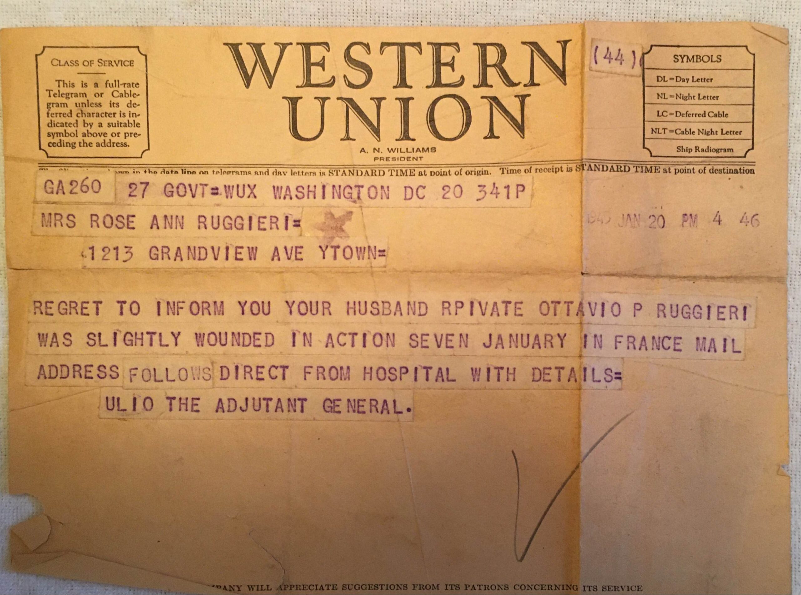 WWII telegram to Rose Ann Ruggieri, informing her that her husband, Private Ottavio P. Ruggieri, was slightly wounded in action in France.
