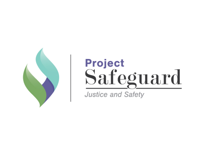 Project Safeguard logo with blue, green, and purple leaf motif and text "Justice and Safety"