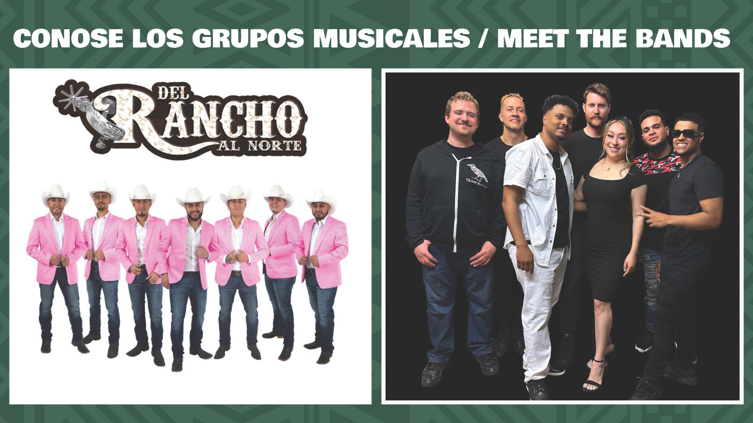 Meet the bands event; two groups posed, "Del Rancho Al Norte" logo, text: "Conose los grupos musicales / Meet the Bands"