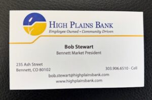 High Plains Bank business card for Bob Stewart, Bennett Market President, with contact information and logo.