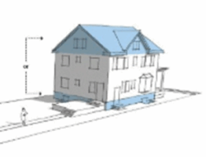 Architectural drawing of a two-story house with labeled measurement indicator.