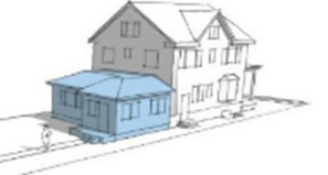 Two-story house with a blue extension and sidewalk.