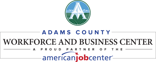 Adams County Workforce and Business Center, partner of American Job Center, logo featuring agriculture and landscape in blue, green, and white.