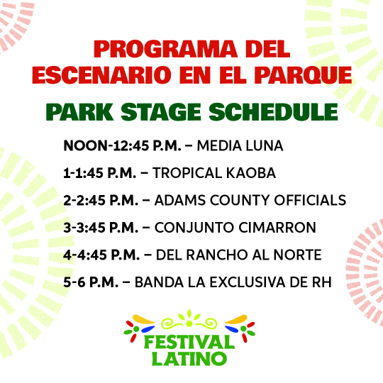 Festival Latino park stage schedule with band names and performance times