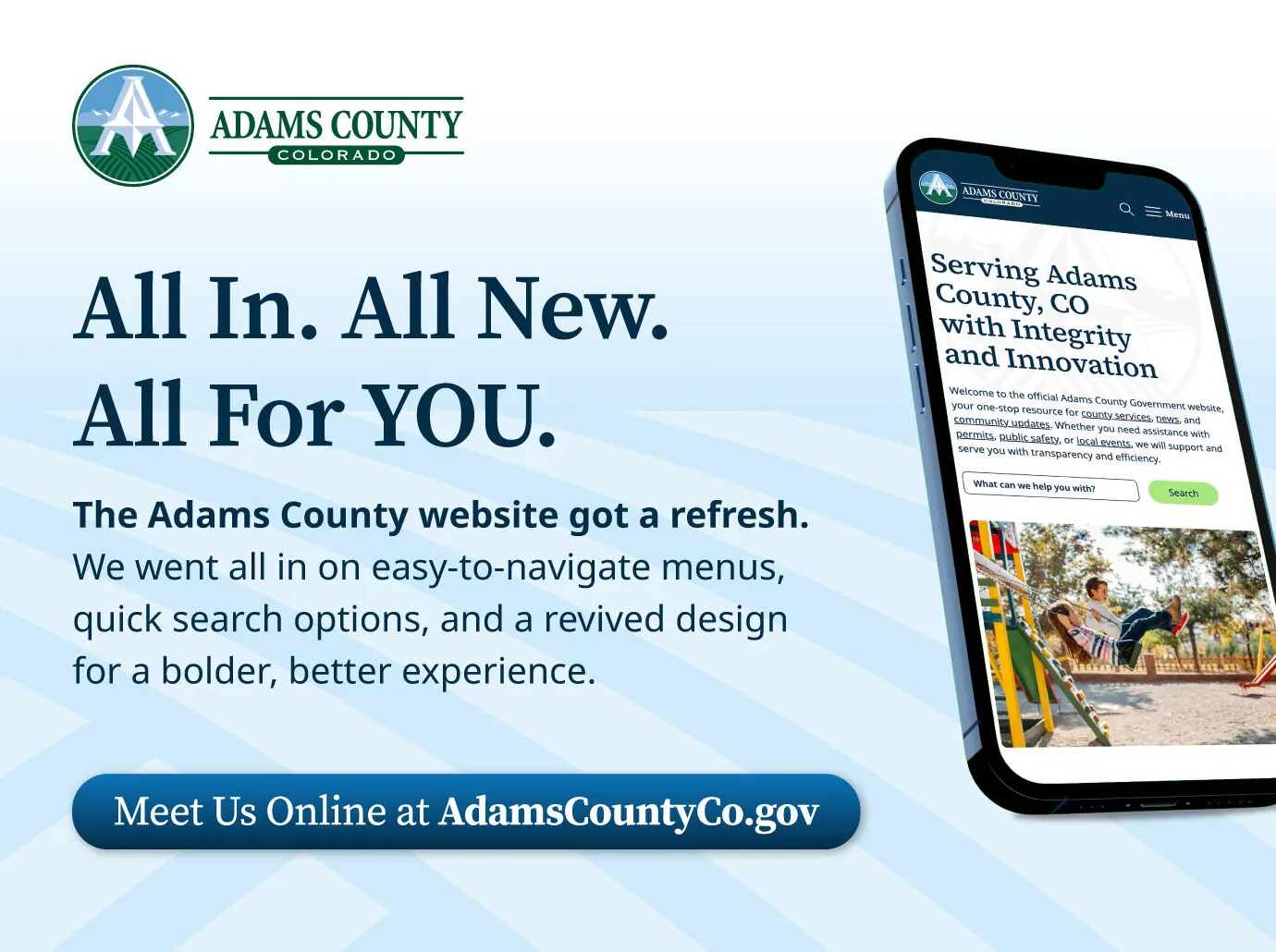 Adams County logo, refreshed website promotion with new features on smartphones, URL: AdamsCountyCo.gov