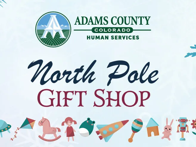 Adams County Human Services logo with "North Pole Gift Shop" text and festive toy illustrations.