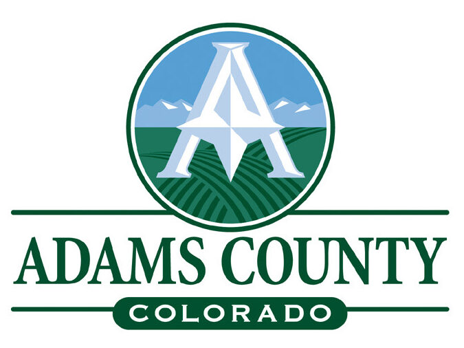 Adams County Colorado logo with stylized A, fields, mountains