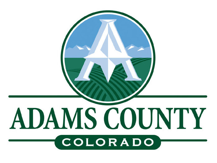 Adams County logo with mountain and field design, text "Adams County Colorado" in green.