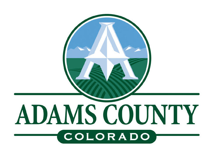 Adams County Colorado logo with large letter "A" and mountain scene