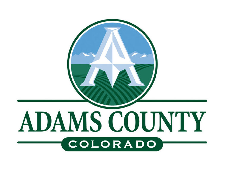 Adams County logo with stylized "A," mountains, and fields