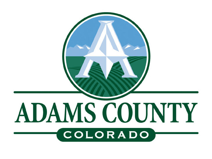Adams County logo featuring a stylized 'A' over fields, mountains, and sky.