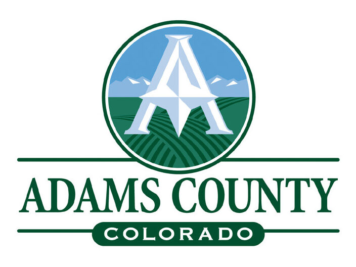 Adams County Colorado logo with mountains, fields, large "A."
