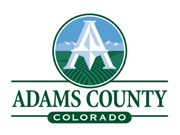 Adams County logo featuring a stylized "A," mountains, and fields, with text "Adams County Colorado" in green.