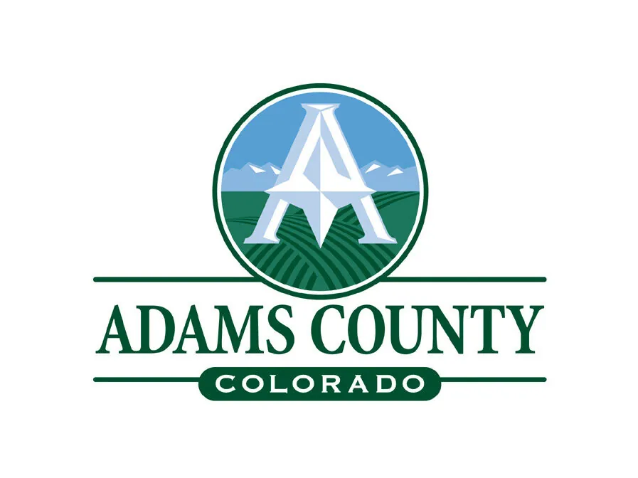 Adams County logo, stylized "A" over fields and mountains, with text "Adams County Colorado"
