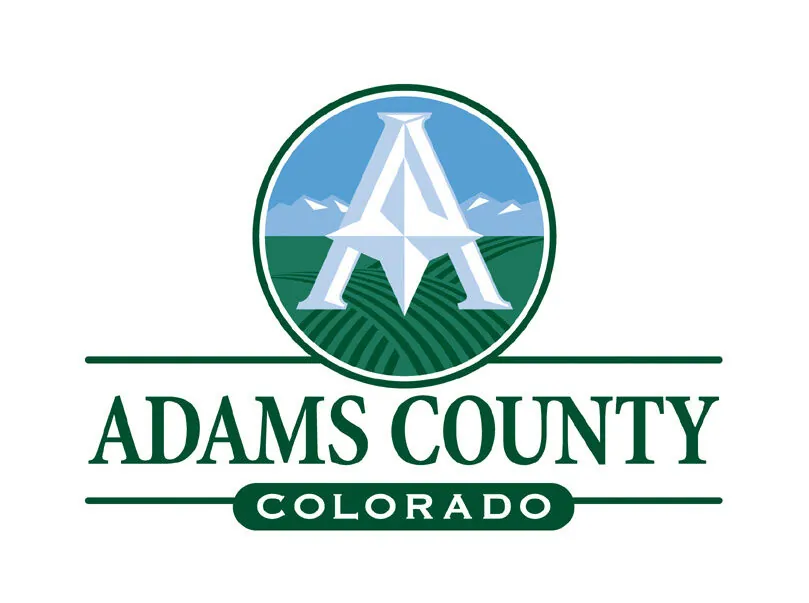 Adams County Colorado logo with stylized A, fields, mountains.