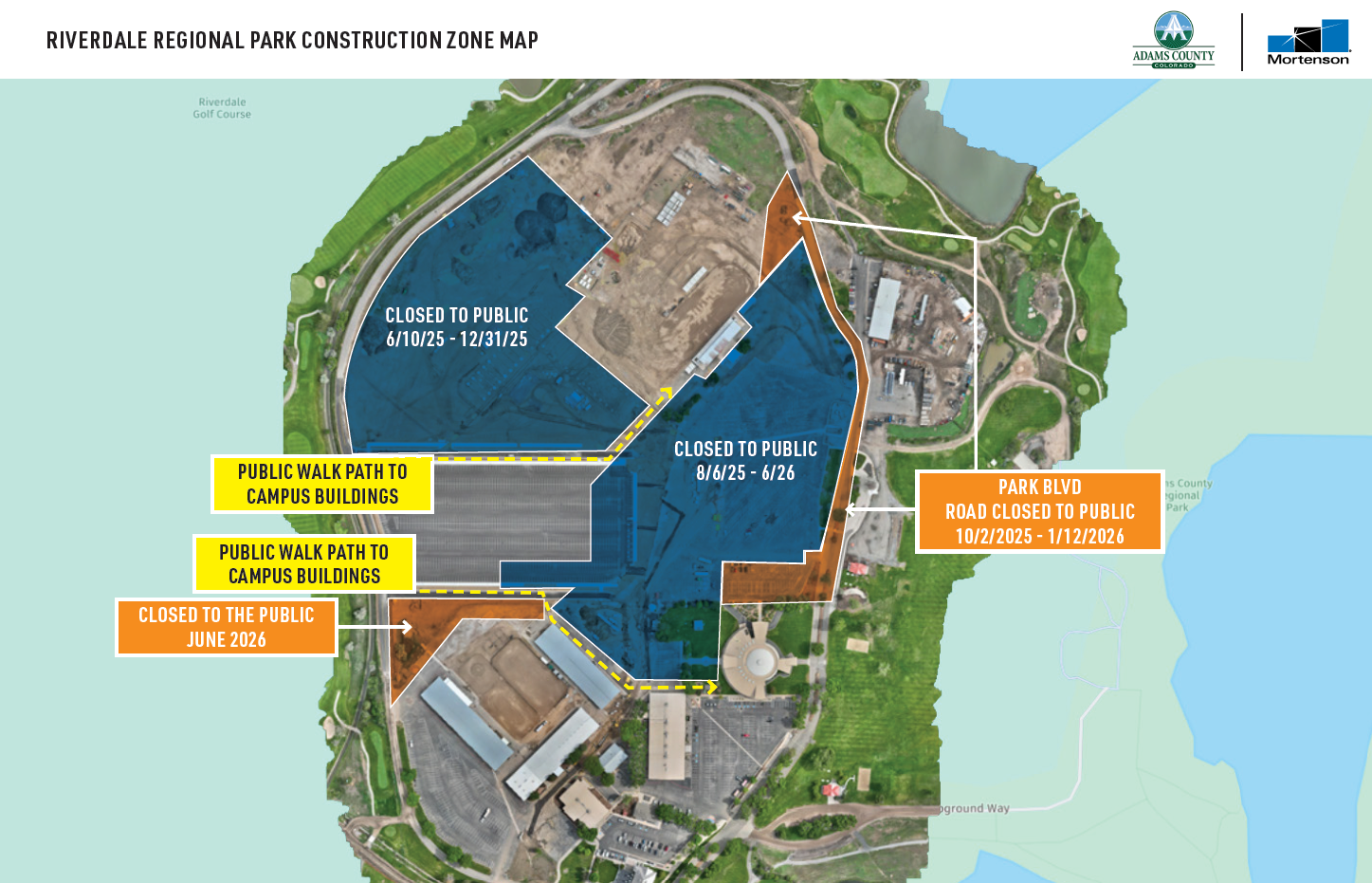 Riverdale Regional Park construction map with highlighted closures and public walk paths.