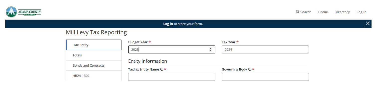 Adams County logo; Mill Levy Tax Reporting form with fields for budget and tax year 2025, 2024