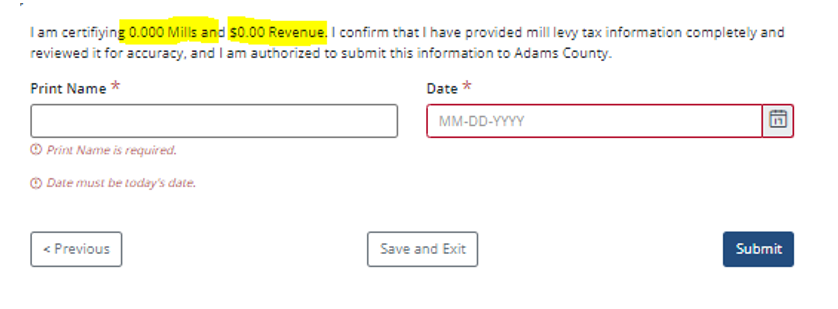 Certifying 0.000 Mills and $0.00 Revenue, form fields for name and date